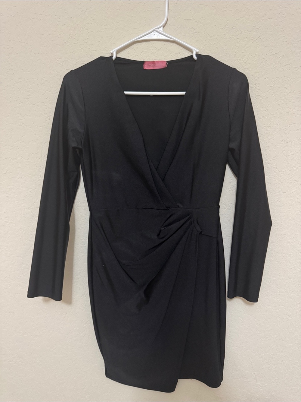Long-Sleeve Black Faux-Wrap Dress with Side Drape